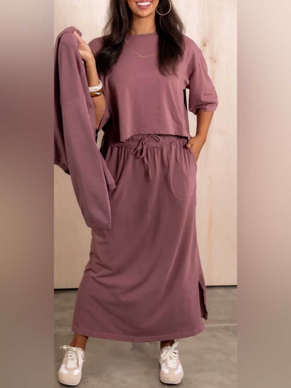 Mono b Relaxed Cropped Top and Drawstring Maxi Skirt in Mauve. New Casual Set